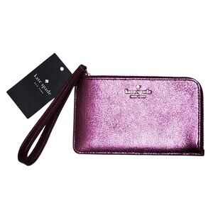 Kate Spade Lucy Small L-Zip Wristlet Dark Raspberry Metallic Leather NWT